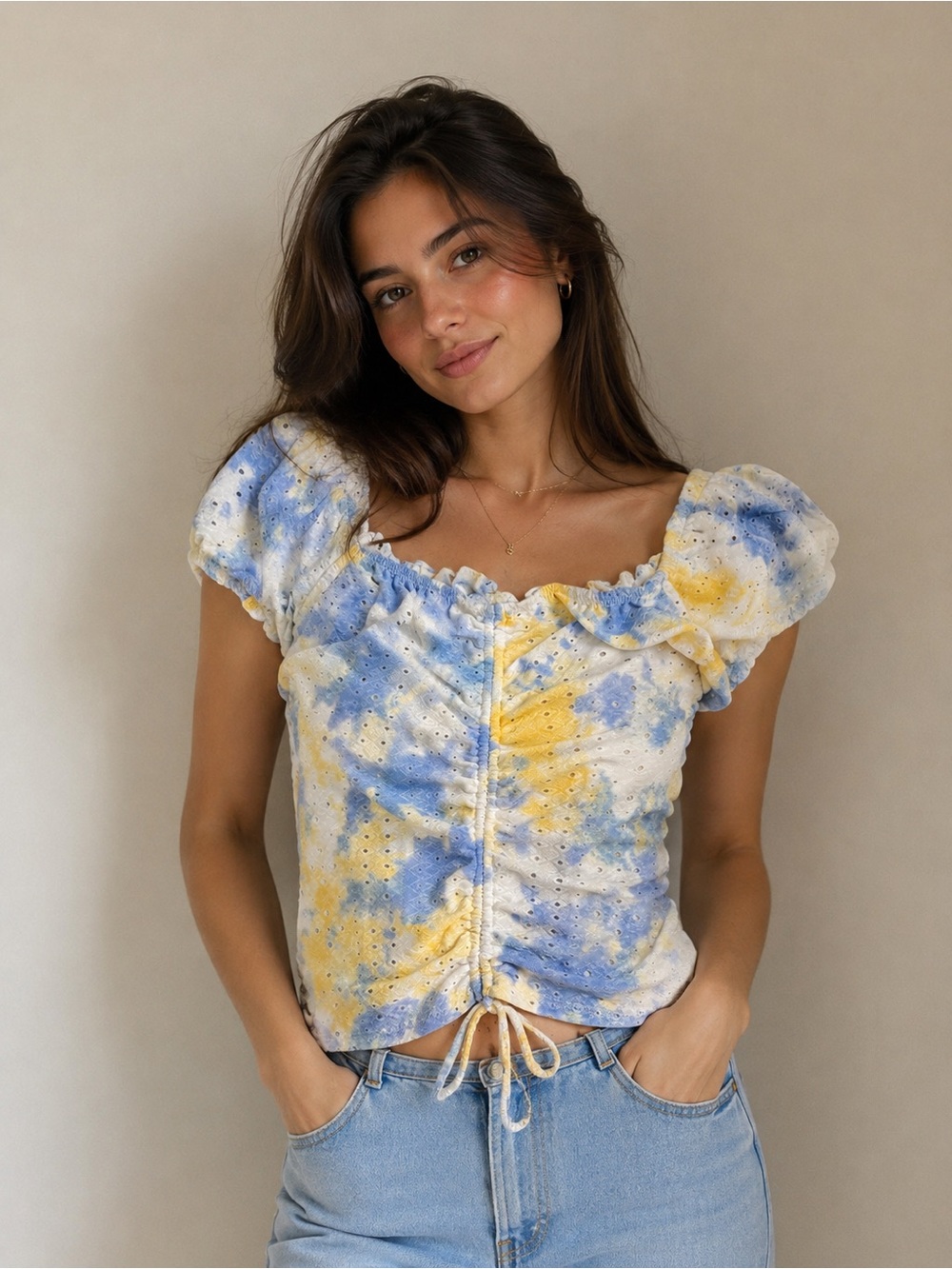🩷. 3044. Tie-Dye Puff Sleeve Ruched Crop Top - Blue & Yellow